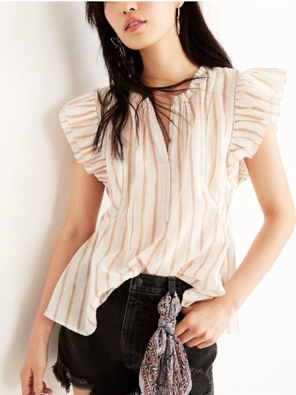 Apiece Apart Maria Del Mar Flutter Sleeve Cotton White Metallic Stripe Blouse 6